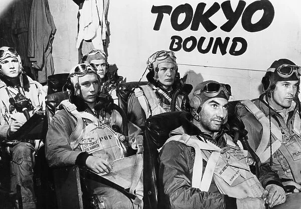 US Navy pilots briefed before flight to Tokyo. Pilots aboard a U. S