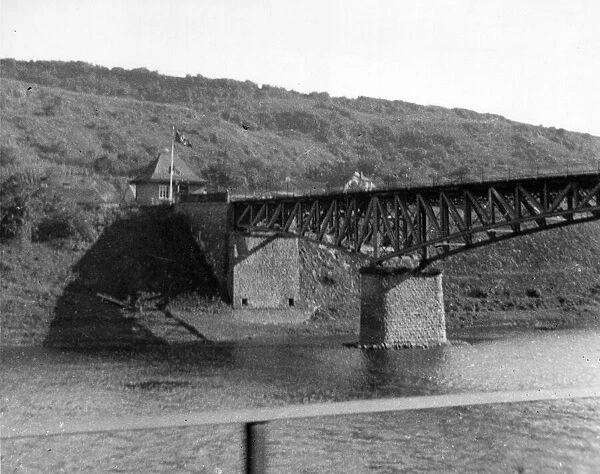 Nazi pennant flying over Customs House on the German side of Wormeldange Bridge which