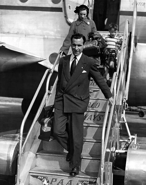 Neil Franklin, Stoke City football player, circa 1947 stepping off a plane