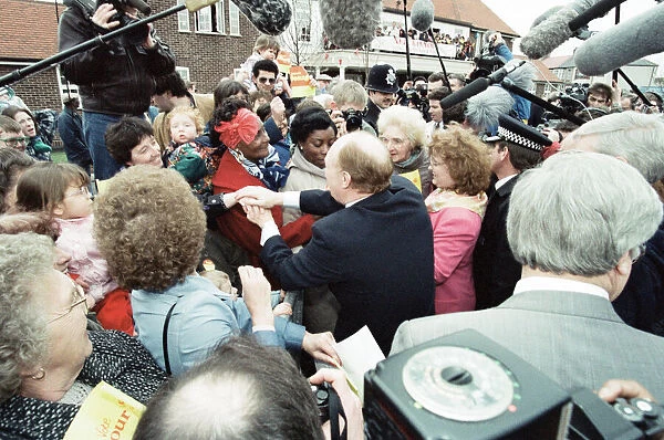 Neil Kinnock on the campaign trail in Mitcham, London. 2nd April 1992