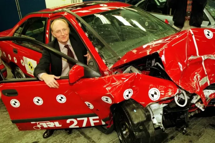 Framed Print : Neil Kinnock EU Commissoner for transport with crashed Volvo at todays EURO NCAP test Framed Print : Neil Kinnock EU Commissoner for transport with crashed Volvo at todays EURO NCAP test