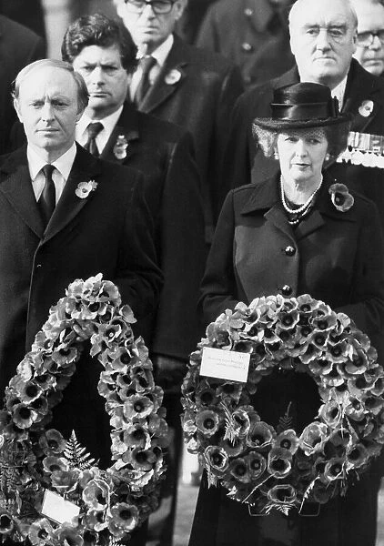 Neil Kinnock and Margaret Thatcher at Remembrance Sunday memorial service at the Cenotaph