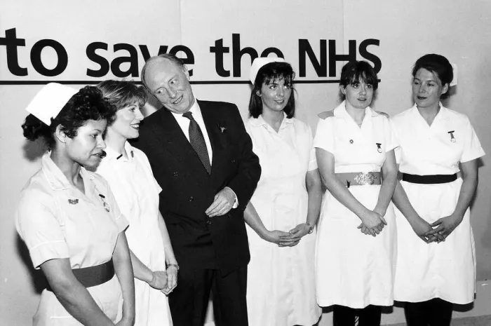 Framed Print : Neil Kinnock MP Former Labour Party Leader with nurses at North Middlesex Hospital