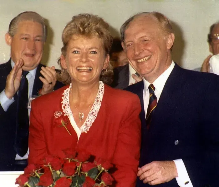 Framed Print : Neil Kinnock MP former leader of the Labour Party with Glenys Kinnock at a conference Framed Print : Neil Kinnock MP former leader of the Labour Party with Glenys Kinnock at a conference