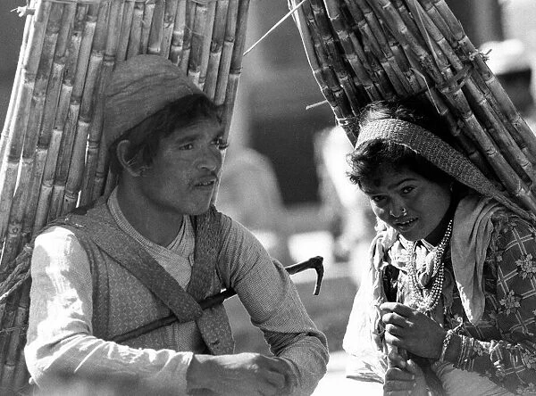 Nepalese couple seen here carrying a load of bamboo in a Katmandu market