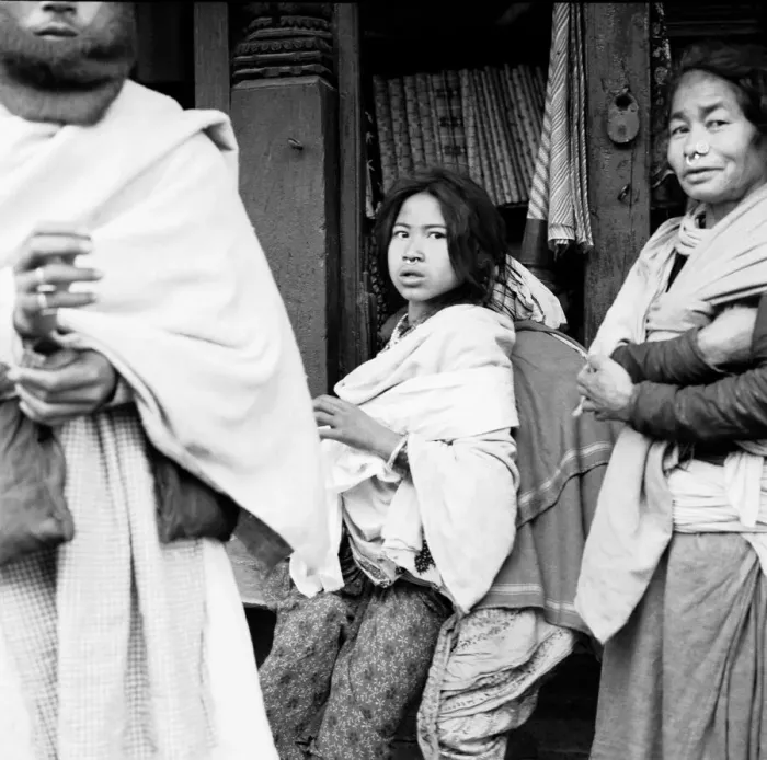 Framed Print : Nepalese women wearing a Tamang Nose-Rings seen here outside in a silk shop in a Framed Print : Nepalese women wearing a Tamang Nose-Rings seen here outside in a silk shop in a