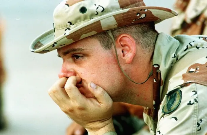 Framed Print : A nervous US soldiers contemplating what is likely to happen once the war against Iraq Framed Print : A nervous US soldiers contemplating what is likely to happen once the war against Iraq