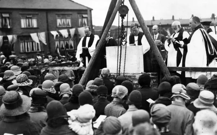Framed Print : New Anfield church. The Lord Bishop of Warrington dedicating the foundation stone of Framed Print : New Anfield church. The Lord Bishop of Warrington dedicating the foundation stone of