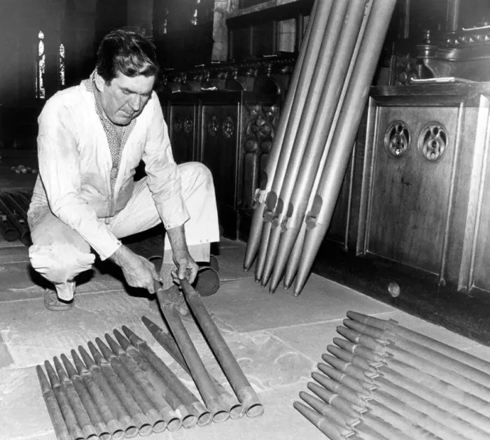 Framed Print : A new church organ being installed at Guisborough Parish Church