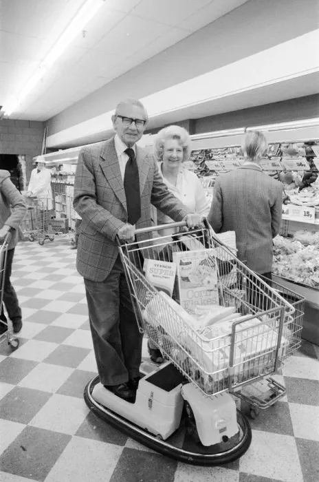 Framed Print : New electric shopping trolley at Tesco, Wandsworth. Old couple giving it a test run Framed Print : New electric shopping trolley at Tesco, Wandsworth. Old couple giving it a test run