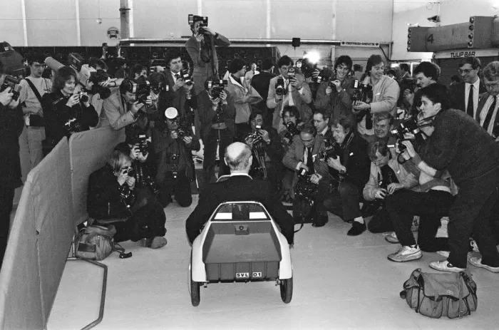 Framed Print : The New Electric Vehicle Sir Clive Sinclair in his new electric vehicle