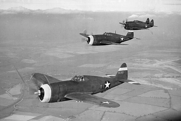 New US Fighter. P 47s (Thunderbolt) planes flying in formation