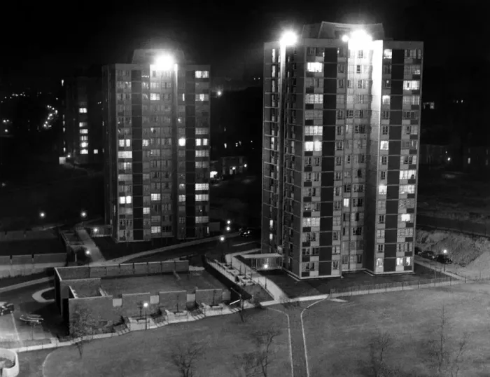 Framed Print : A new system of floodlighting at the high rise flats at Cruddas Park Housing Estate in Framed Print : A new system of floodlighting at the high rise flats at Cruddas Park Housing Estate in