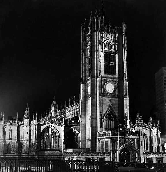 New floodlighting at Manchester Cathedral, Circa 1960. Manchester Cathedral is a medieval