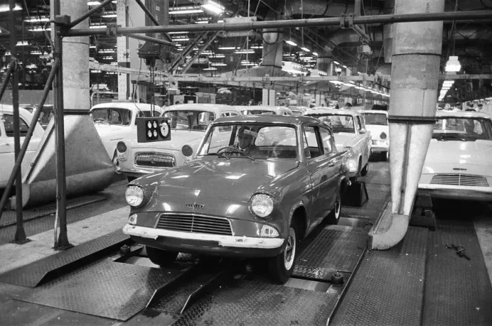 Framed Print : New Ford Anglia cars coming off the production line at the new Ford paint Framed Print : New Ford Anglia cars coming off the production line at the new Ford paint
