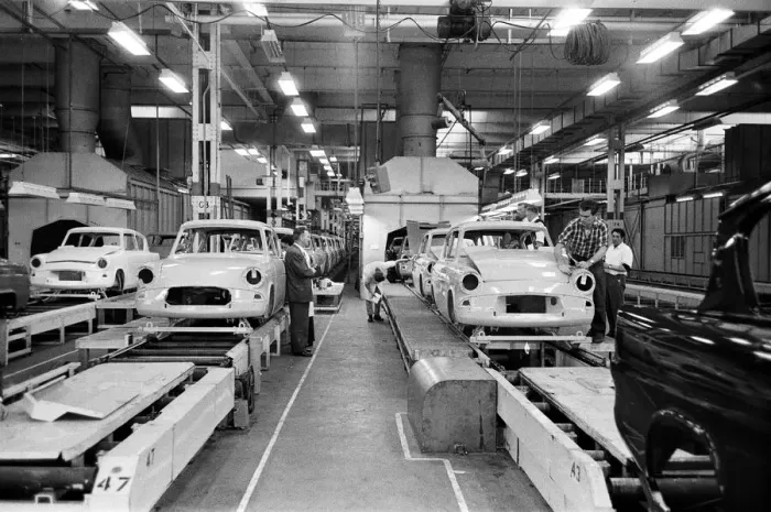Framed Print : New Ford Anglia cars coming off the production line at the new Ford paint Framed Print : New Ford Anglia cars coming off the production line at the new Ford paint