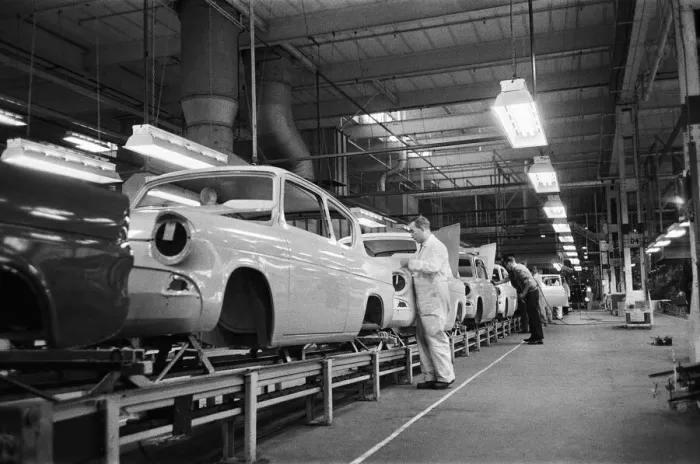Framed Print : New Ford Anglia cars coming off the production line at the new Ford paint Framed Print : New Ford Anglia cars coming off the production line at the new Ford paint
