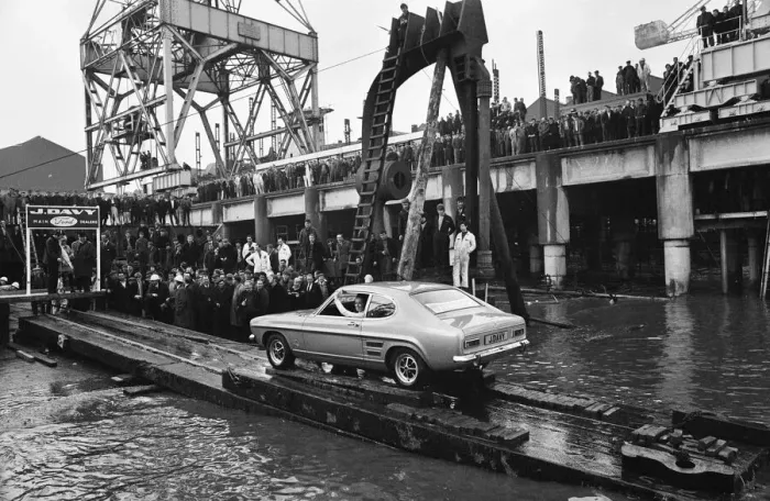 Framed Print : The new Ford Capri, launched in unusual manner off the slipway at the shipbuilding yard Framed Print : The new Ford Capri, launched in unusual manner off the slipway at the shipbuilding yard