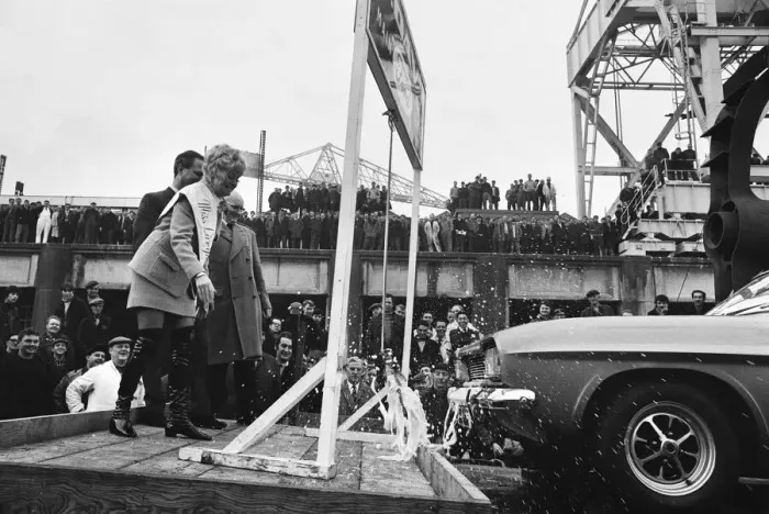 Framed Print : The new Ford Capri, launched in unusual manner off the slipway at the shipbuilding yard