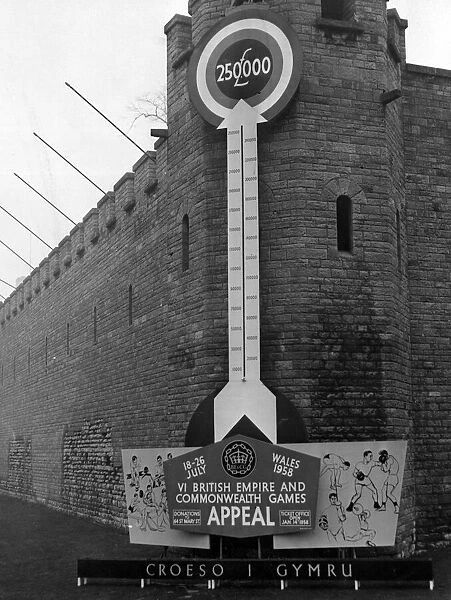 A new landmark for Cardiff, the Empire Games appeal sign stands outside the castle walls