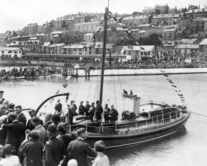 Framed Print : New lifeboat at Brixham, Devon. The Prince of Wales making a speech before the launch