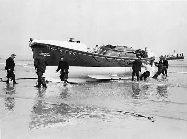 The new lifeboat City of Leeds arrives at Redcar, North Yorkshire