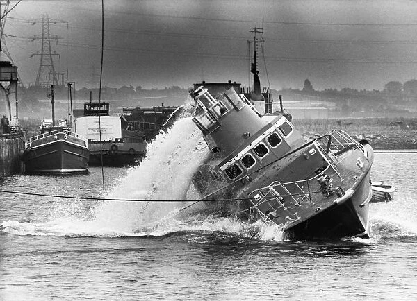 A new lifeboat pulls clear of the water after the test at Tyne Dock, South Shields