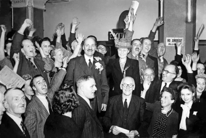 Framed Print : New Prime Minister Clement Attlee celebrates with supporters after labour Framed Print : New Prime Minister Clement Attlee celebrates with supporters after labour