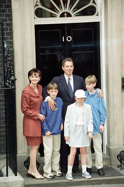 New Prime Minister Tony Blair with his wife Cherie and their children outside 10 Downing