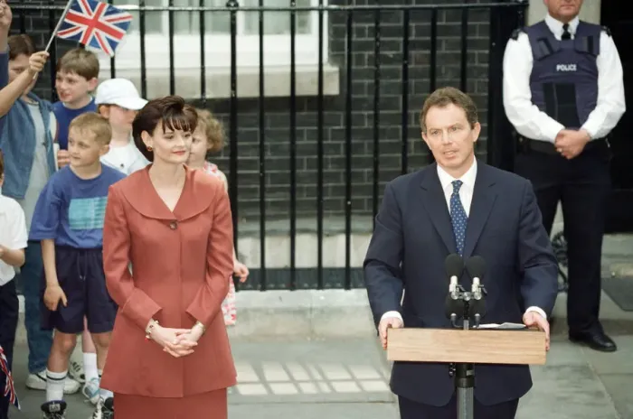 Framed Print : New Prime Minister Tony Blair with his wife Cherie outside 10 Downing Street after