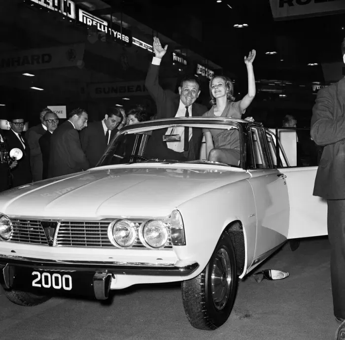 Framed Print : The new Rover 2000 welcomed enthusiastically by actor Sid James