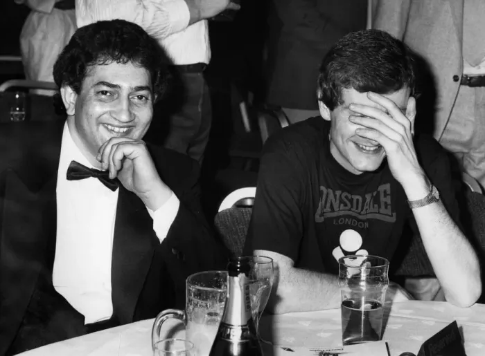 Framed Print : New snooker World Champion Joe Johnson enjoys the evening party beside runner up Steve Framed Print : New snooker World Champion Joe Johnson enjoys the evening party beside runner up Steve