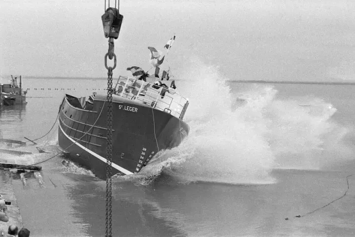 Framed Print : The new trawler St Leger seen here being launched into the River Humber 20th July 1978 Framed Print : The new trawler St Leger seen here being launched into the River Humber 20th July 1978