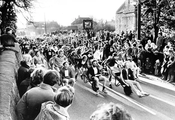 Framed Print : The New Year annual wheelbarow is off and they re running (and pushing) in 1981