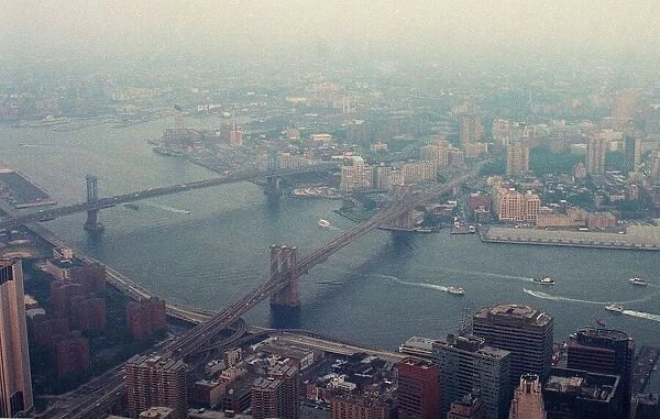 New York Aerial view of Brooklyn Bridge from top of world trade tower USA United States