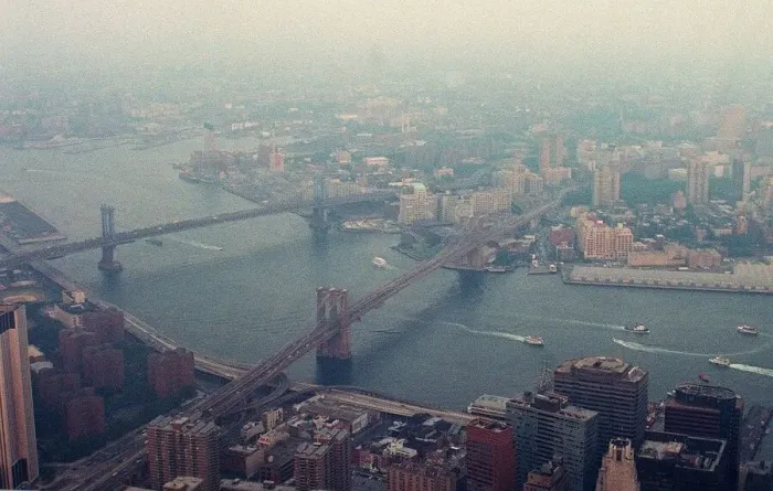 Framed Print : New York Aerial view of Brooklyn Bridge from top of world trade tower USA United States