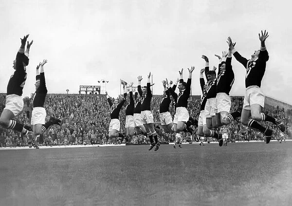 New Zealand Rugby League International team perform the Haka. October 1955 P000002