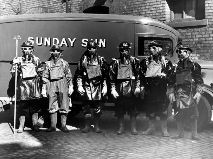 Framed Print : Newcastle Chronicle and Journal staff wearing gas masks as part of air raid precautions Framed Print : Newcastle Chronicle and Journal staff wearing gas masks as part of air raid precautions