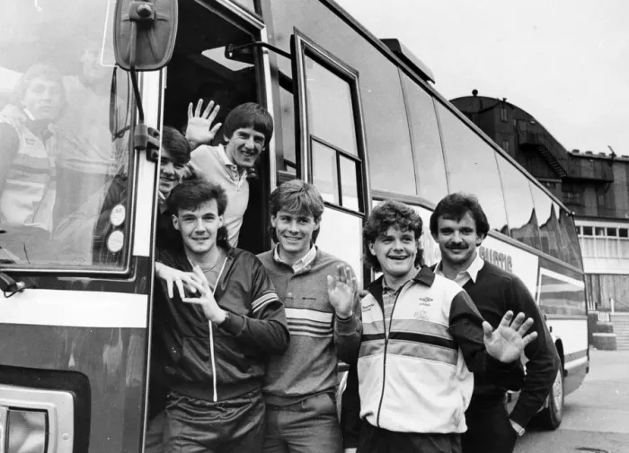 Framed Print : Newcastle United 1985, Post Season. Newcastle United players bid Tyneside farewell before Framed Print : Newcastle United 1985, Post Season. Newcastle United players bid Tyneside farewell before