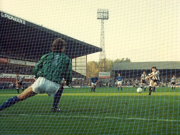 Newcastle United player Mick Quinn scores a penalty during the LEague Division Two match