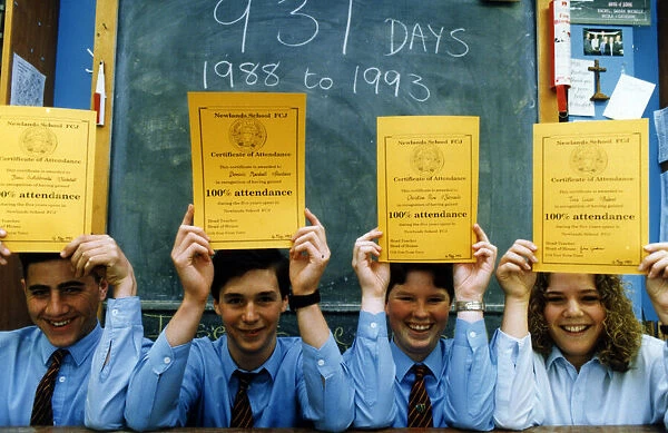 Newlands School, Middlesbrough, 13th May 1993. Pupils with 100% attendance were given