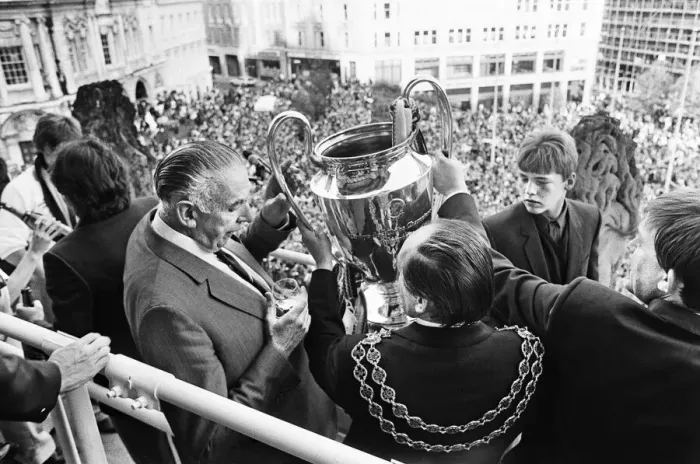 Framed Print : Newly crowned European champions Aston Villa, parade the European Champions Cup trophy to Framed Print : Newly crowned European champions Aston Villa, parade the European Champions Cup trophy to
