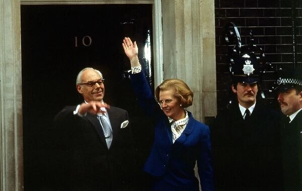 Newly elected Prime Minister Margaret Thatcher arrives at Downing Street with husband