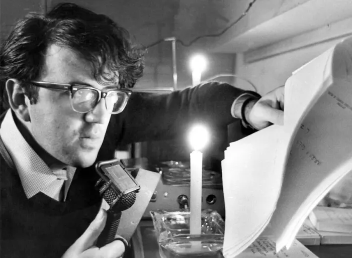Framed Print : News by candlelight and battery power. Radio Durham news reader John Pickles had to rig Framed Print : News by candlelight and battery power. Radio Durham news reader John Pickles had to rig