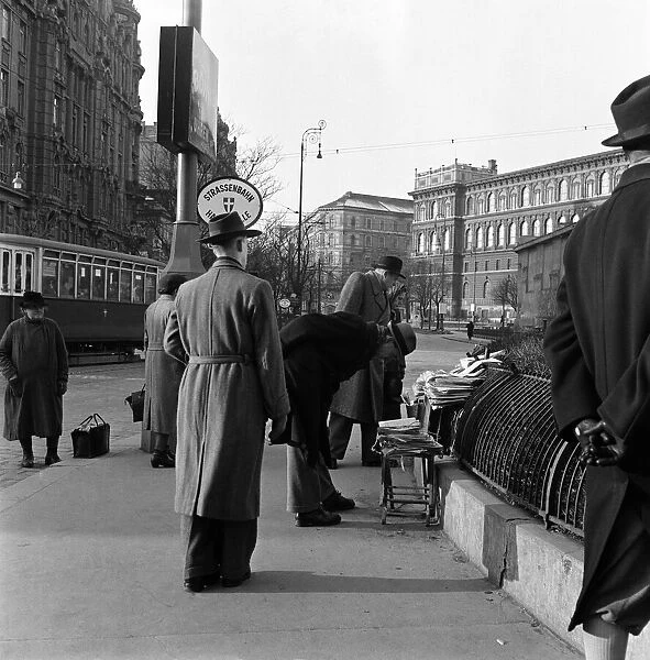 Newspaper stall in Vienna, Austria. February 1954