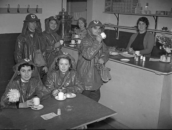 A nice cup of tea. Ambulance drivers have a cup of tea at a canteen for A. R. P