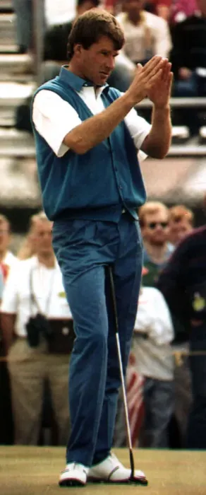 Framed Print : Nick Faldo golf player for England looking as though he is calling for help as he starts