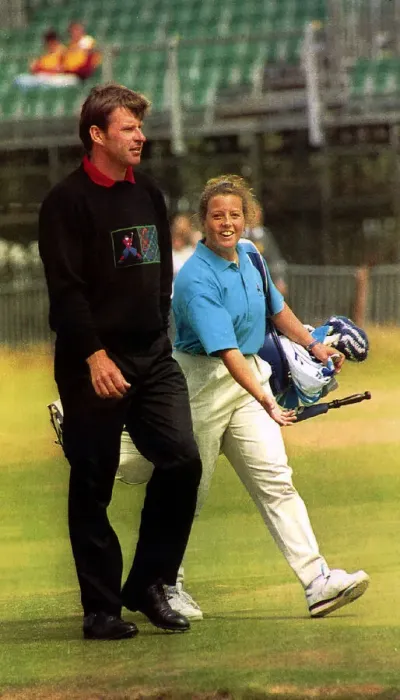 Framed Print : Nick Faldo golfer at the British Open with his caddie Fannie Sunneson Framed Print : Nick Faldo golfer at the British Open with his caddie Fannie Sunneson