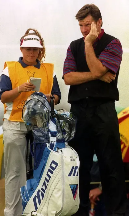 Framed Print : Nick Faldo ponders during The British Open with his caddie Fanny Sunnesson