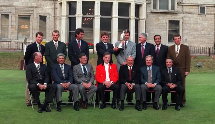 Framed Print : Nick Price holding British Open Golf Championship Trophy with previous winners